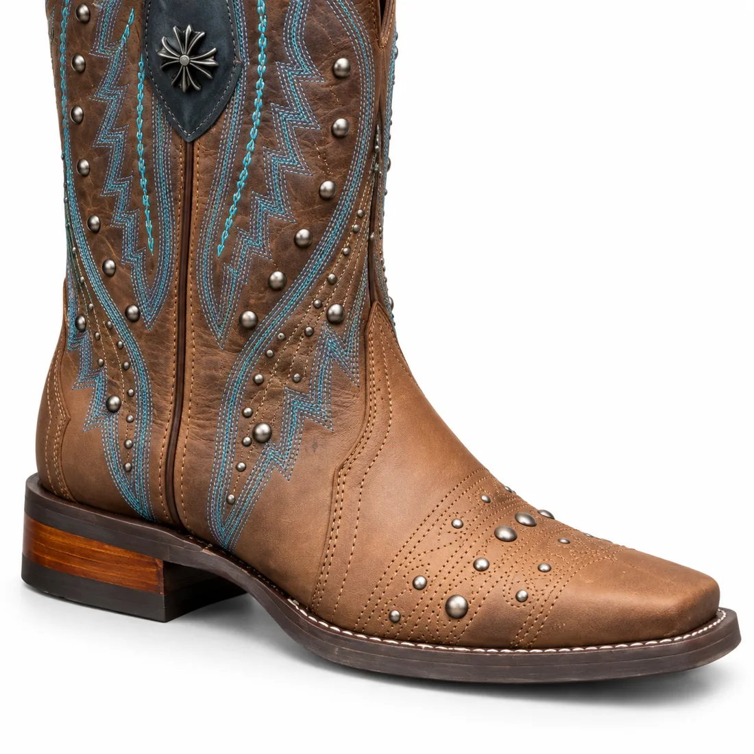Bota Country Feminina Cano Alto Marrom com Bordados Turquesa e Tachas — miniatura 4