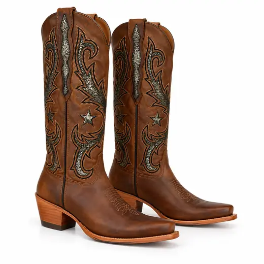 Bota Country Texana Marrom de Cano Alto com Estrelas e Arabescos