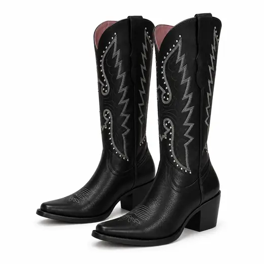 Bota Feminina Country Preta Cano Alto com Bordados e Tachas