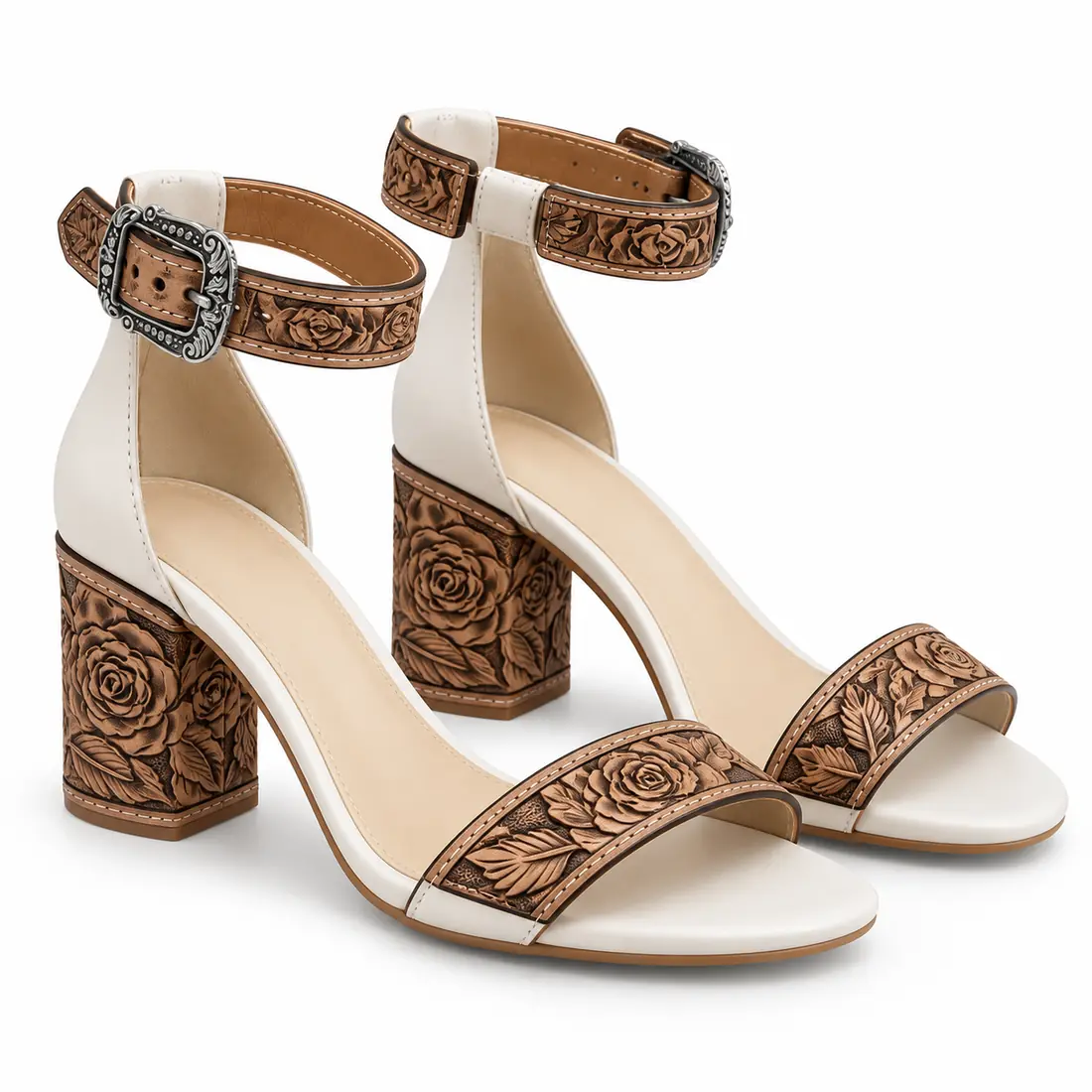 Sandália Feminina Western Floral em Couro com Salto Bloco e Detalhes Artesanais — foto 1