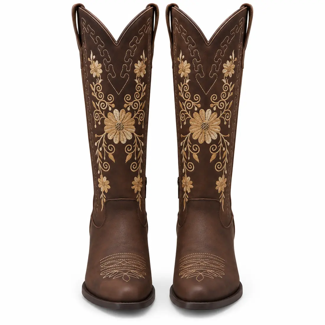 Bota Country Feminina de Cano Alto Marrom com Bordado Floral Dourado — miniatura 2