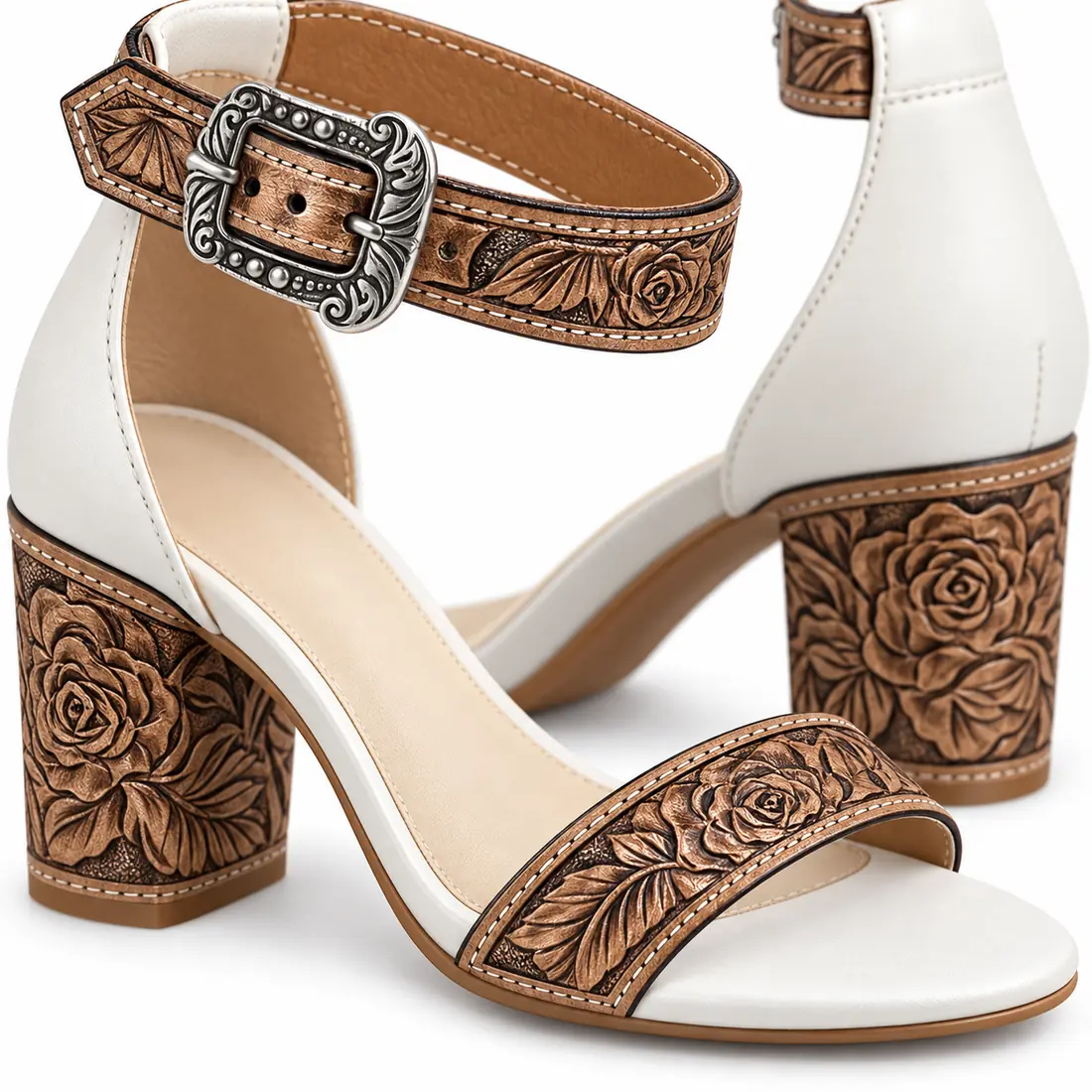 Sandália Feminina Western Floral em Couro com Salto Bloco e Detalhes Artesanais — miniatura 3