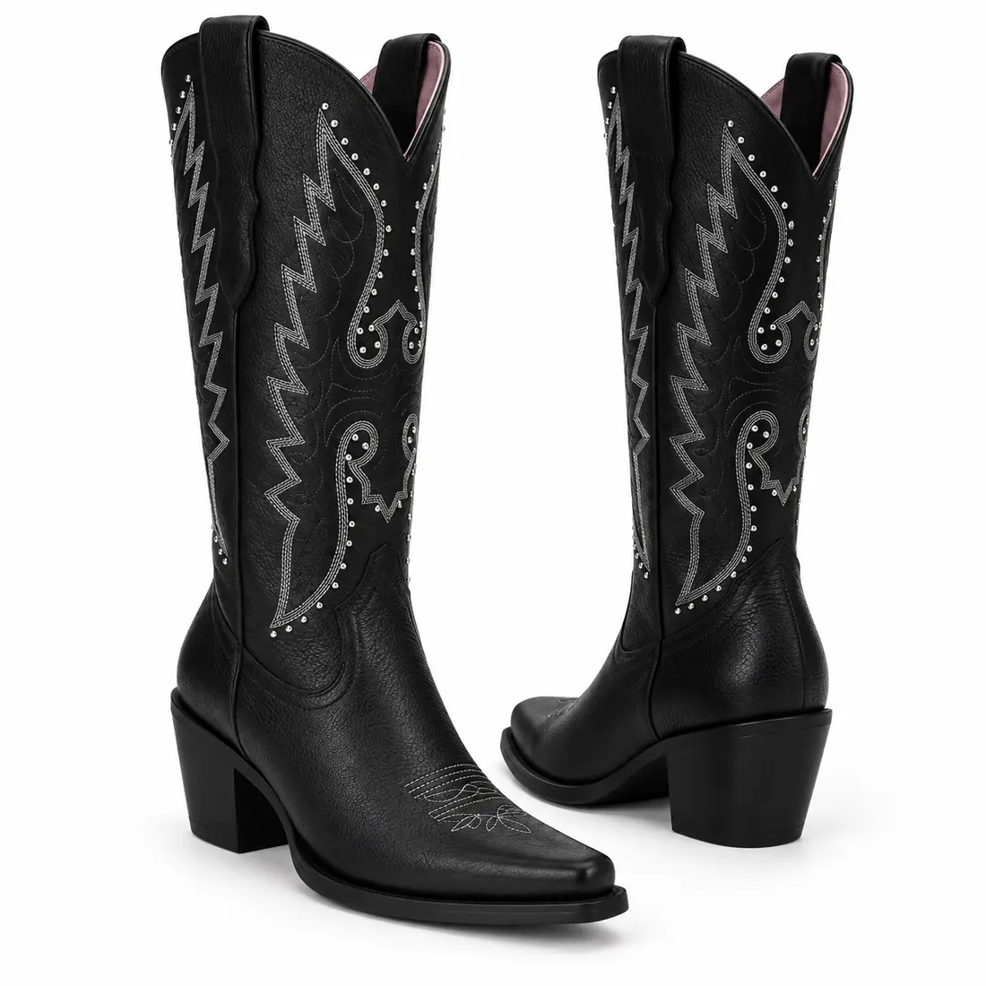 Bota Feminina Country Preta Cano Alto com Bordados e Tachas — miniatura 2