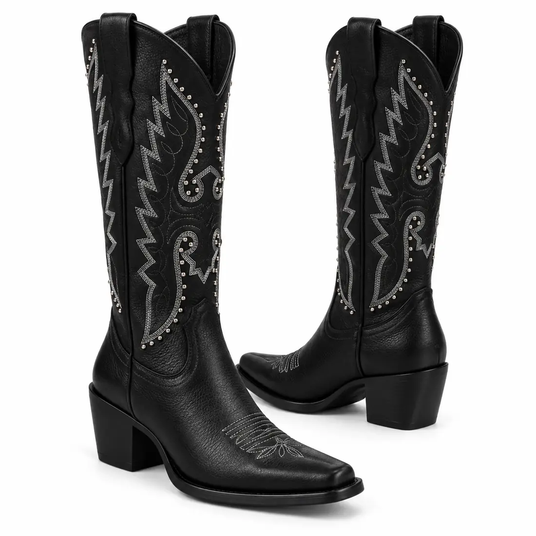 Bota Feminina Country Preta Cano Alto com Bordados e Tachas — miniatura 4