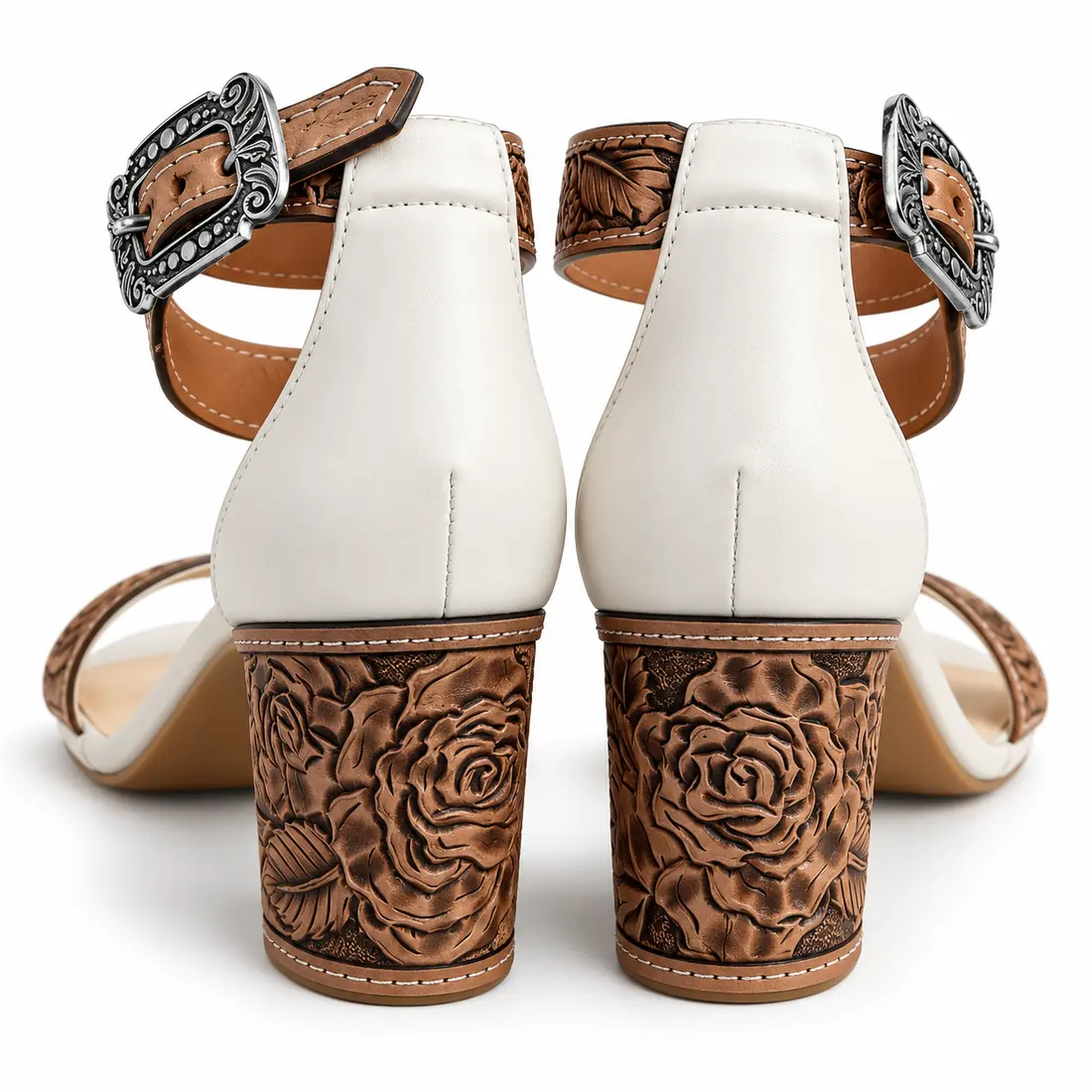 Sandália Feminina Western Floral em Couro com Salto Bloco e Detalhes Artesanais — miniatura 4