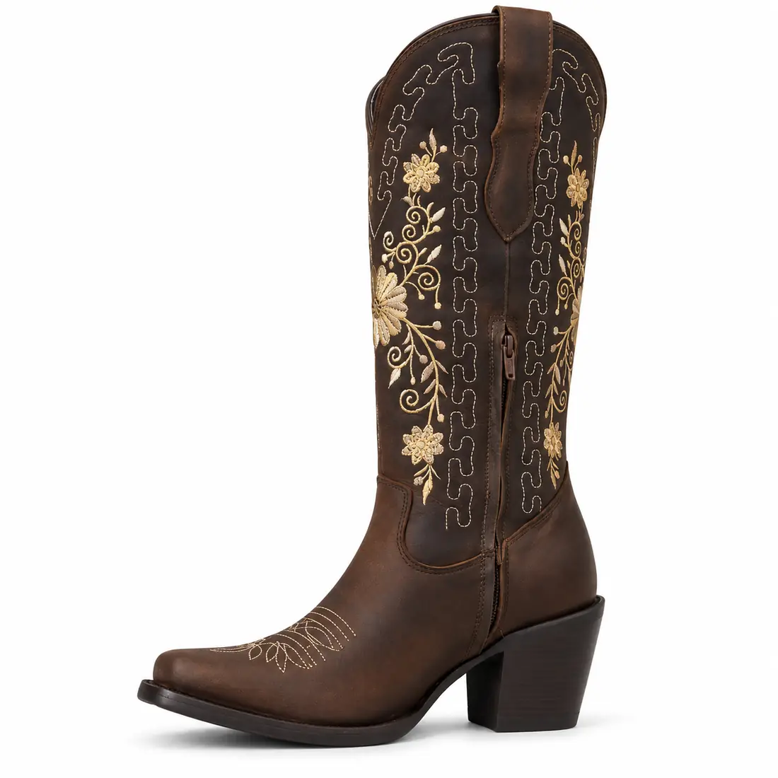 Bota Country Feminina de Cano Alto Marrom com Bordado Floral Dourado — miniatura 3