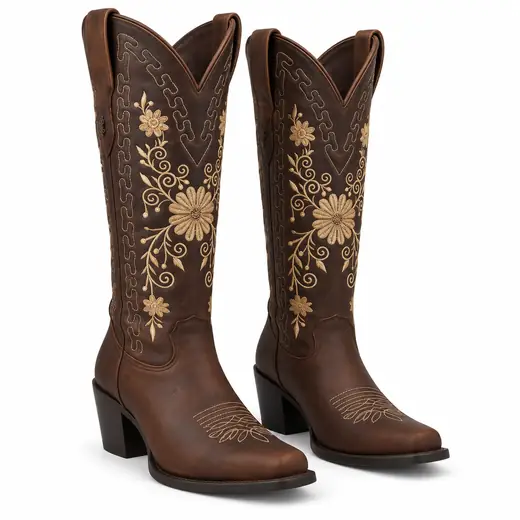 Bota Country Feminina de Cano Alto Marrom com Bordado Floral Dourado