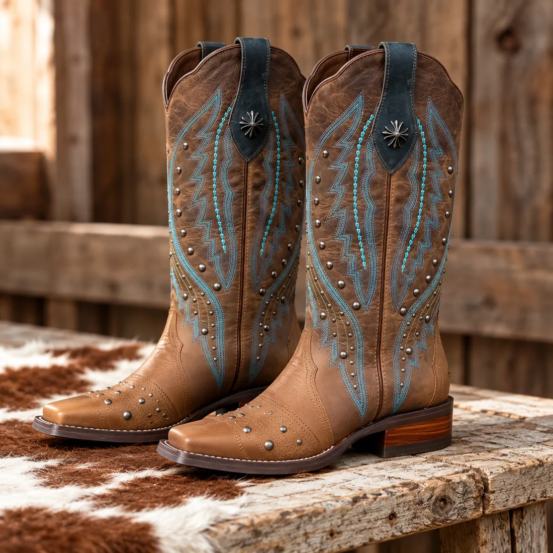 Bota Country Feminina Cano Alto Marrom com Bordados Turquesa e Tachas — miniatura 6