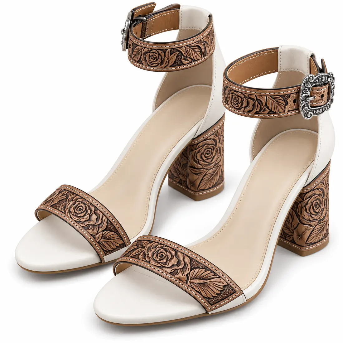 Sandália Feminina Western Floral em Couro com Salto Bloco e Detalhes Artesanais — miniatura 2