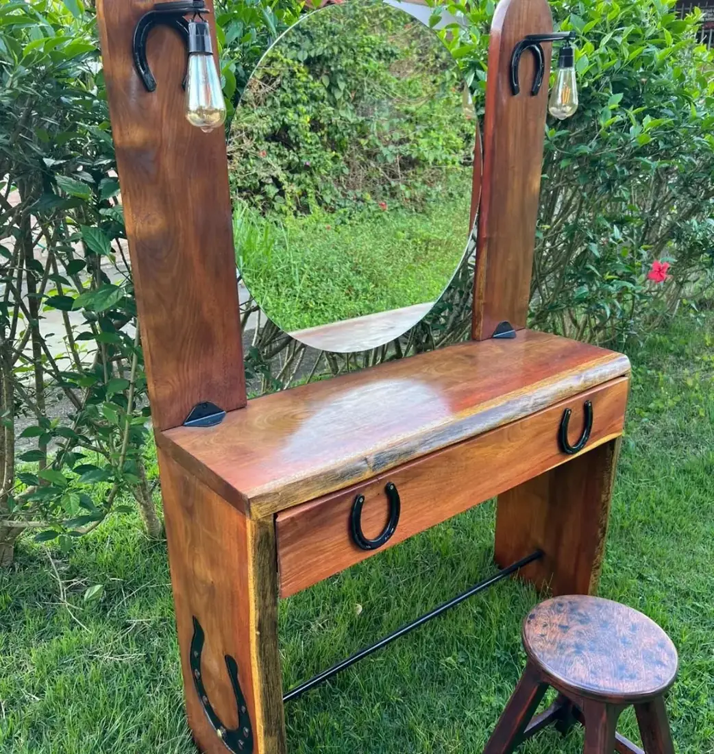 Penteadeira Rústica em Madeira com Espelho Oval — Banco de Brinde — miniatura 4