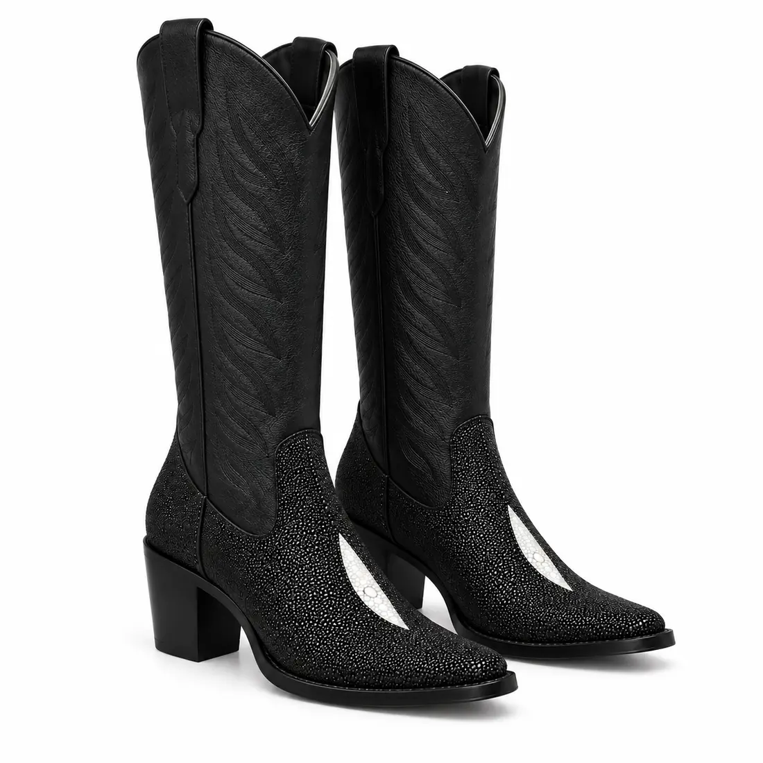 Bota Feminina Western em Couro de Arraia Preto com Detalhe Perolado — miniatura 3