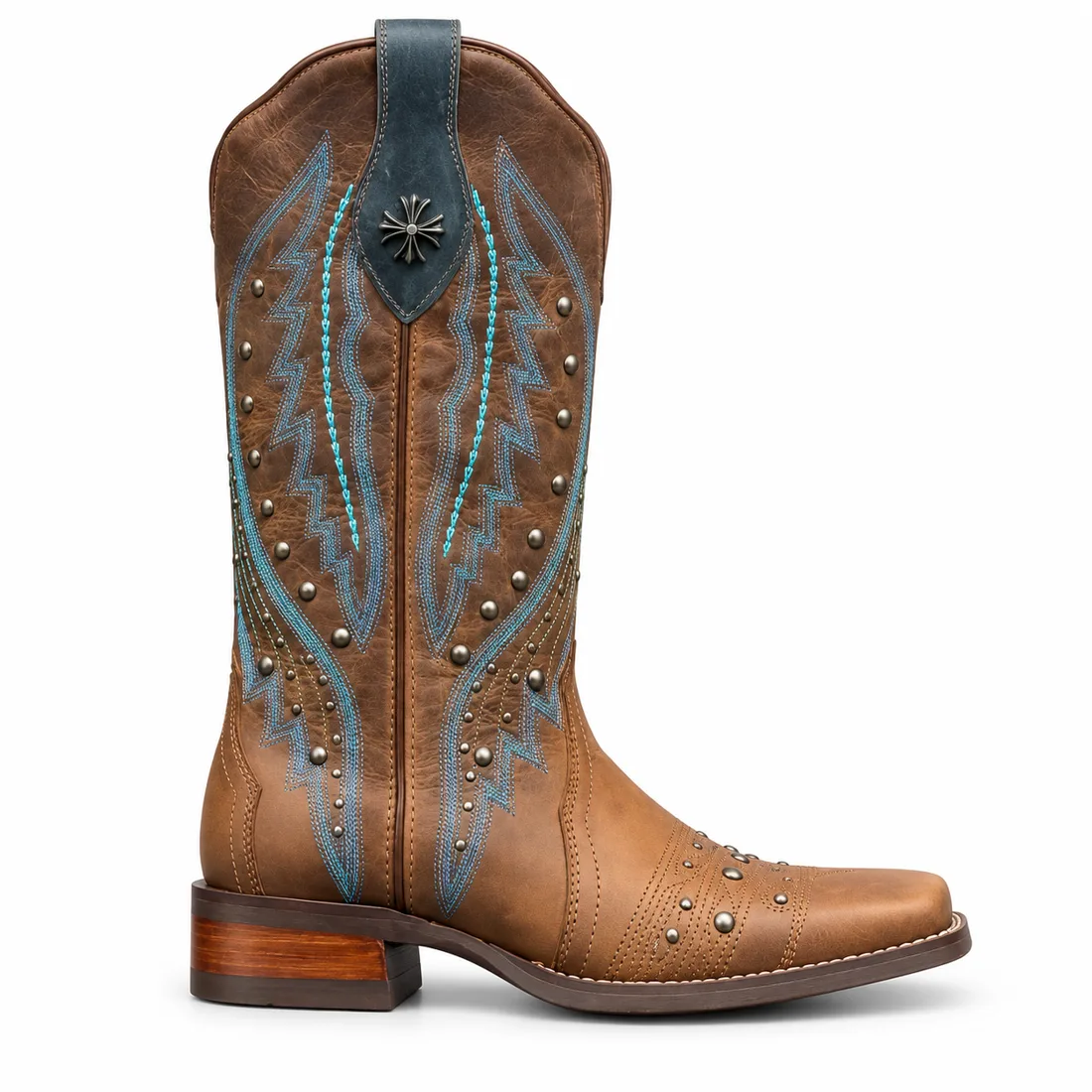 Bota Country Feminina Cano Alto Marrom com Bordados Turquesa e Tachas — miniatura 2
