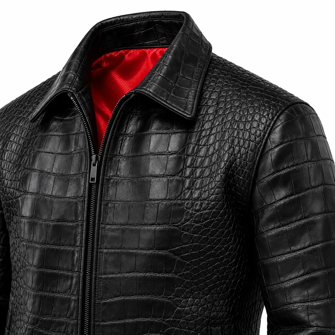Jaqueta Masculina em Couro de Crocodilo Preta com Forro Vermelho — miniatura 4