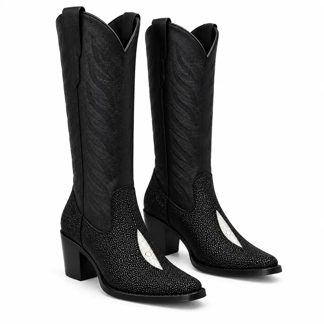 Bota Feminina Western em Couro de Arraia Preto com Detalhe Perolado — miniatura 6