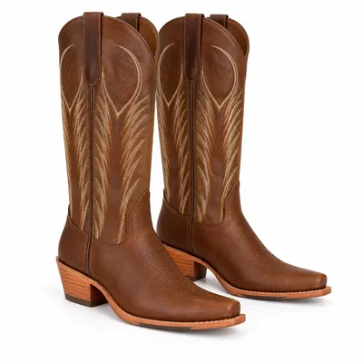 Bota Country Texana de Cano Alto Marrom com Bordados