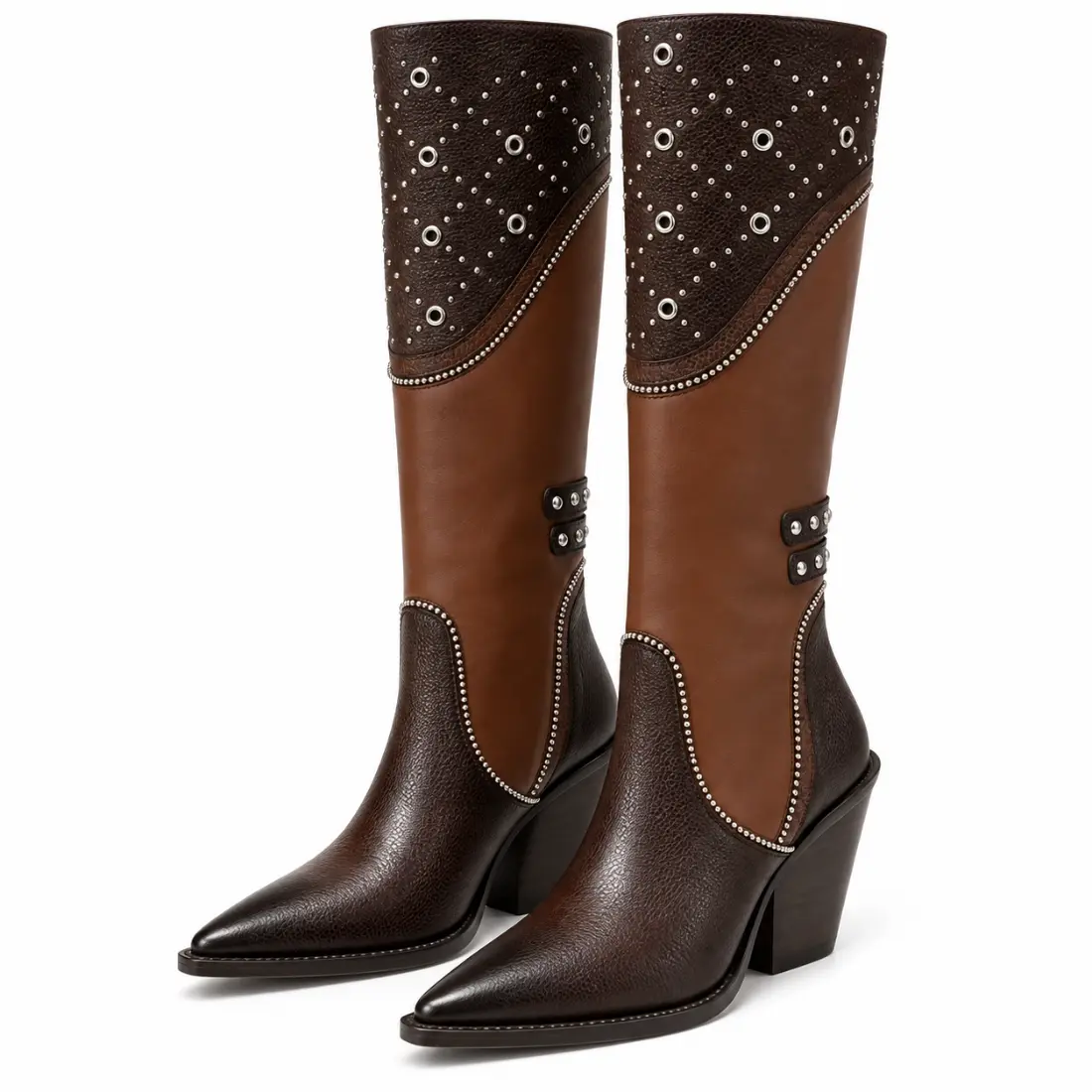 Bota Feminina Country Multicolor Cano Alto com Tachas e Ilhoses