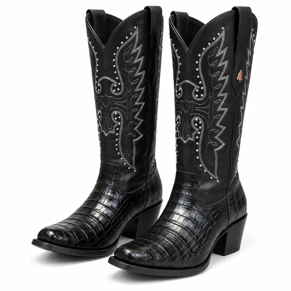 Bota Feminina Country em Couro de Crocodilo Perolado Preta