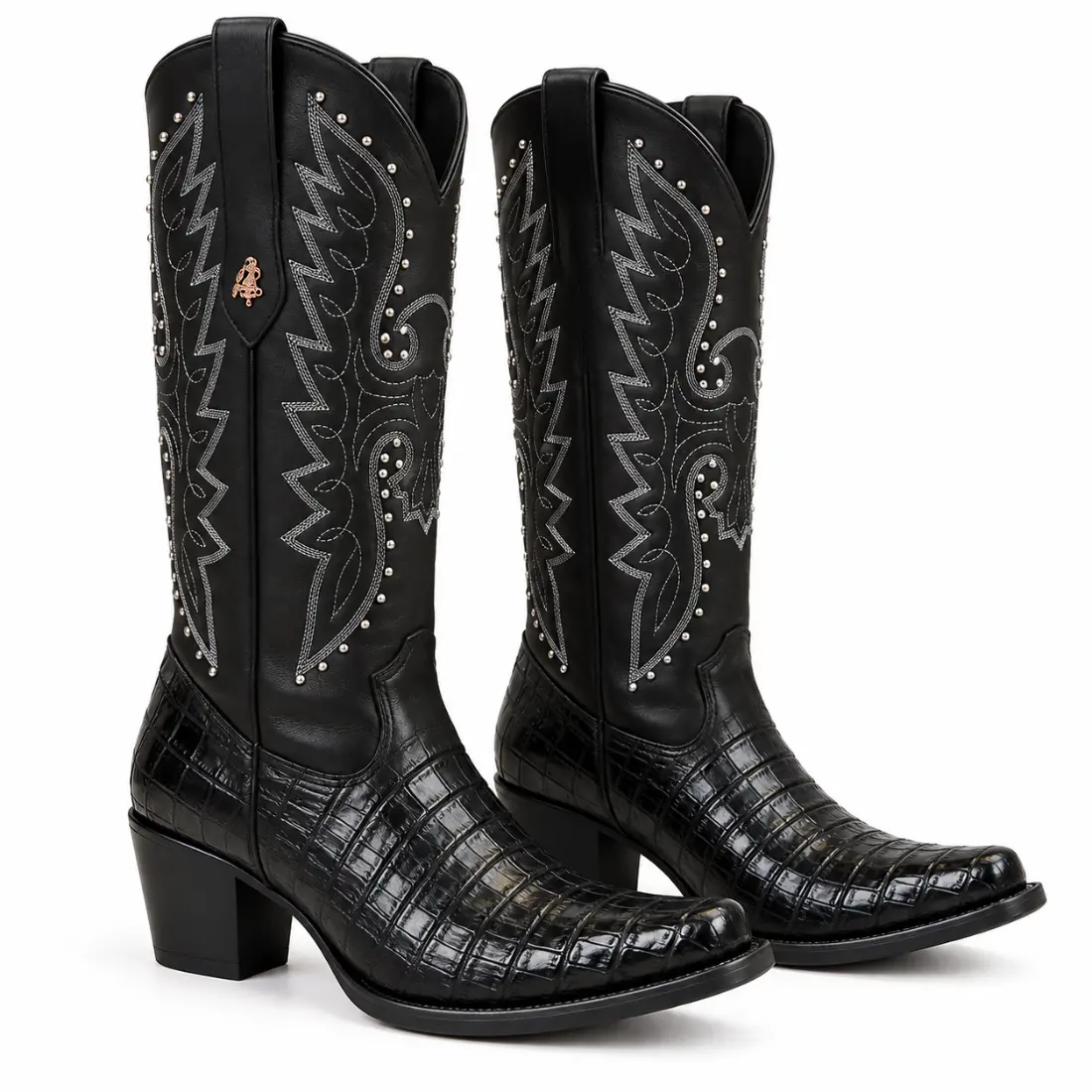 Bota Feminina Country em Couro de Crocodilo Perolado Preta — miniatura 4