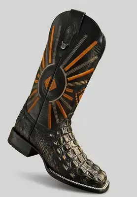 Bota Texana Masculina Exótica em Couro de Crocodilo – Black Sunburst