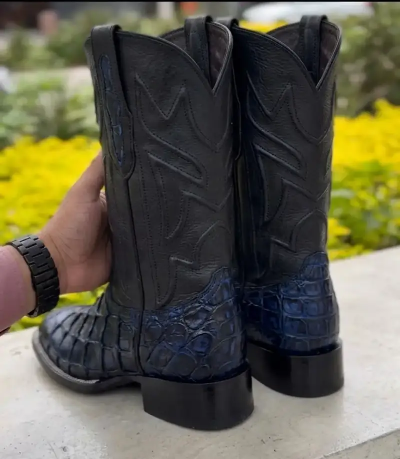 Bota Texana Masculina Exótica em Couro Legítimo de Pirarucu – Azul Marinho e Preto — miniatura 2