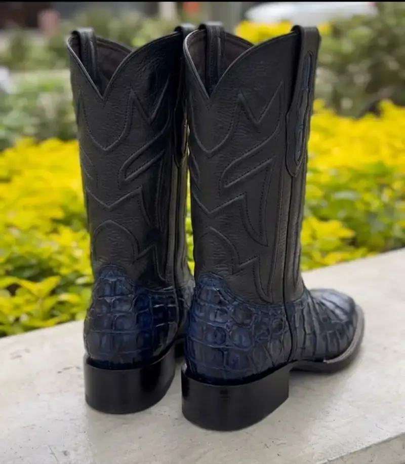 Bota Texana Masculina Exótica em Couro Legítimo de Pirarucu – Azul Marinho e Preto — miniatura 3